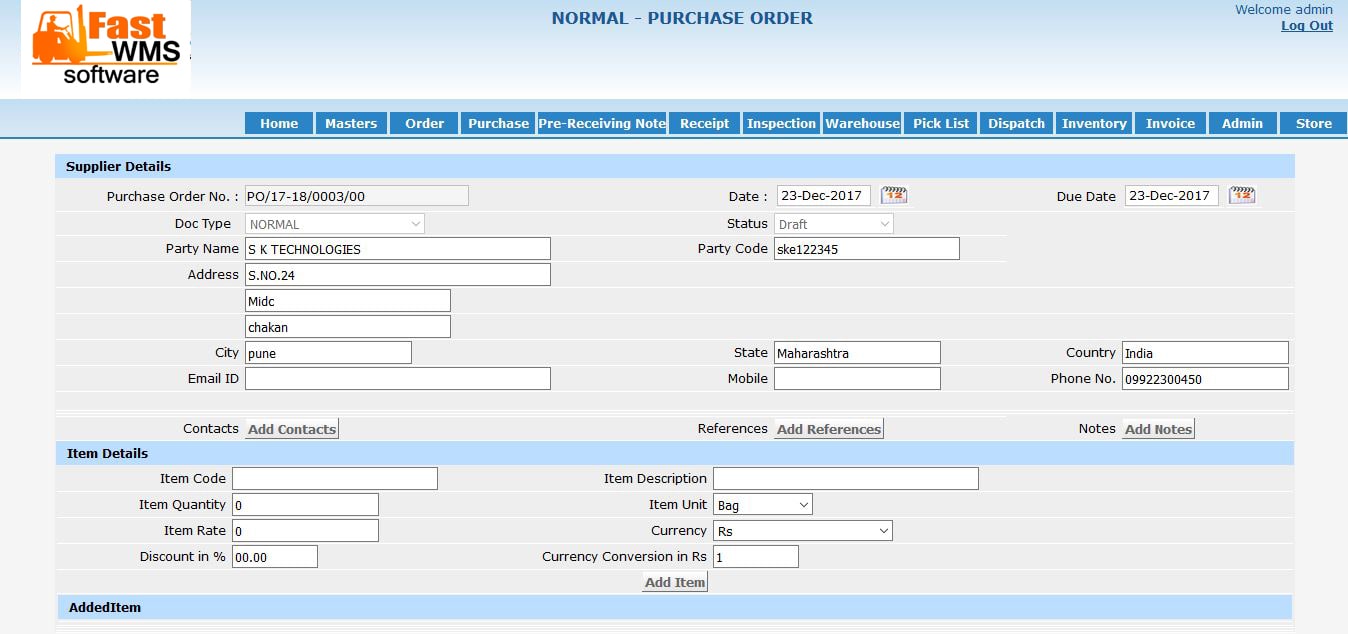 Purchase order format Fast WMS Software